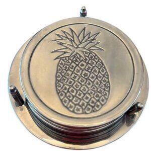Godinger Silver Plated Engraved Pineapple Coasters Set Of 5 With Holder